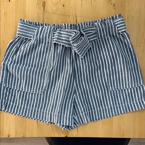 FLOWER PAPER-BAG WAIST WOMENS SHORTS BLUE WHITE  STRIPED LINEN SIDE POCKETS